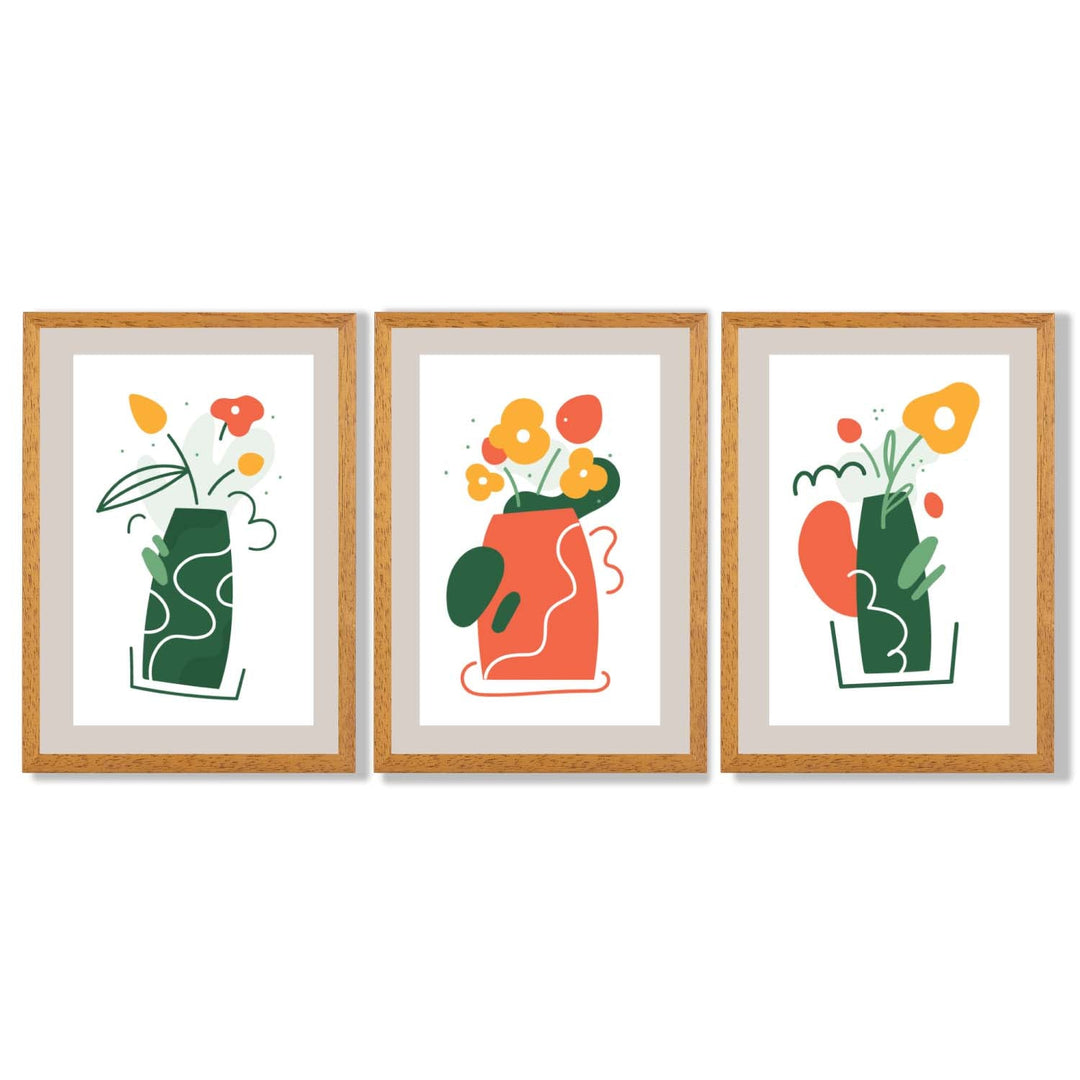 Bohemsk minimalistisk kunsttrykk med blomstermønster i grønt og oransje, sett med 3 innrammede kunsttrykk
