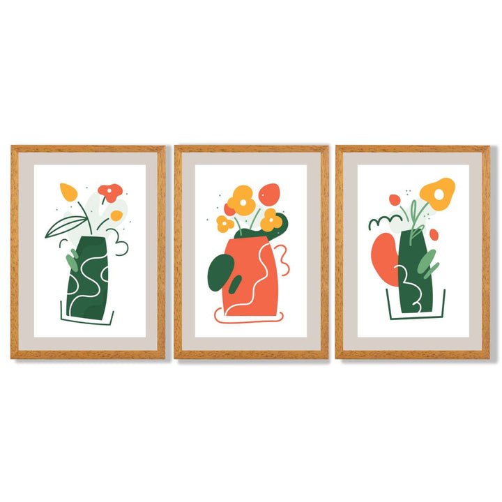 Bohemsk minimalistisk kunsttrykk med blomstermønster i grønt og oransje, sett med 3 innrammede kunsttrykk