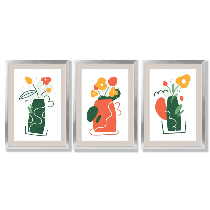 Bohemsk minimalistisk kunsttrykk med blomstermønster i grønt og oransje, sett med 3 innrammede kunsttrykk