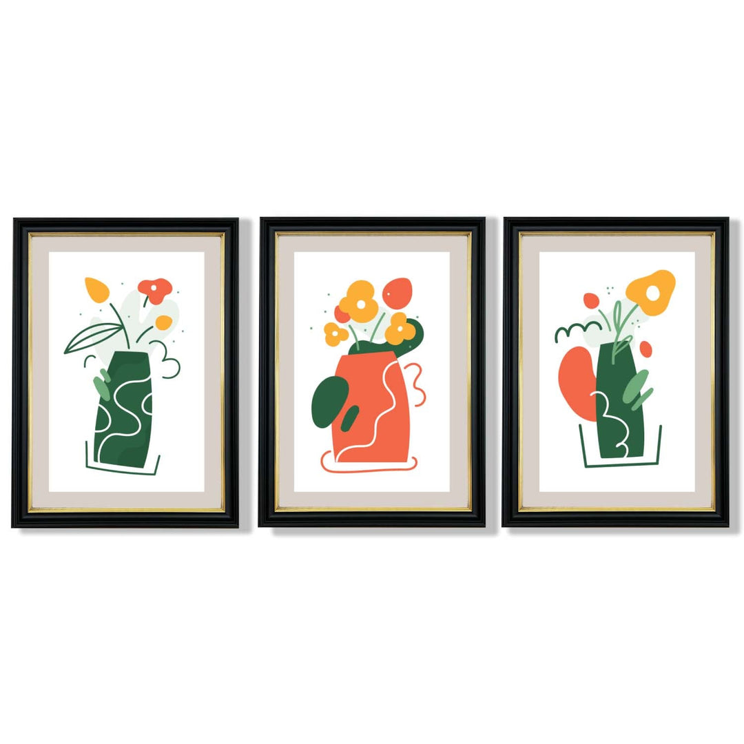 Bohemsk minimalistisk kunsttrykk med blomstermønster i grønt og oransje, sett med 3 innrammede kunsttrykk