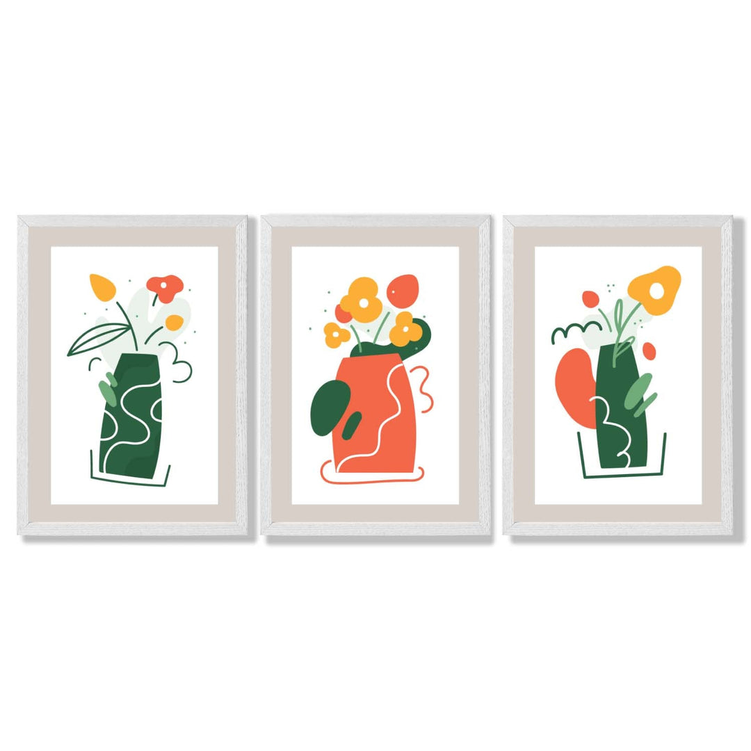 Bohemsk minimalistisk kunsttrykk med blomstermønster i grønt og oransje, sett med 3 innrammede kunsttrykk