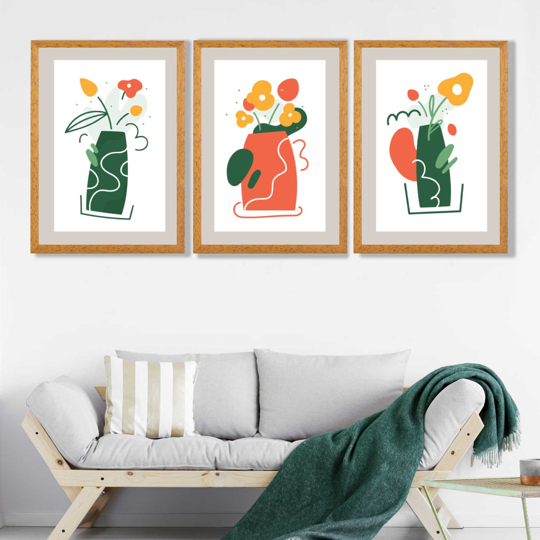 Bohemsk minimalistisk blomstersett med 3 kunsttrykk i grønt og oransje