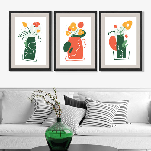 Bohemsk minimalistisk blomstersett med 3 kunsttrykk i grønt og oransje