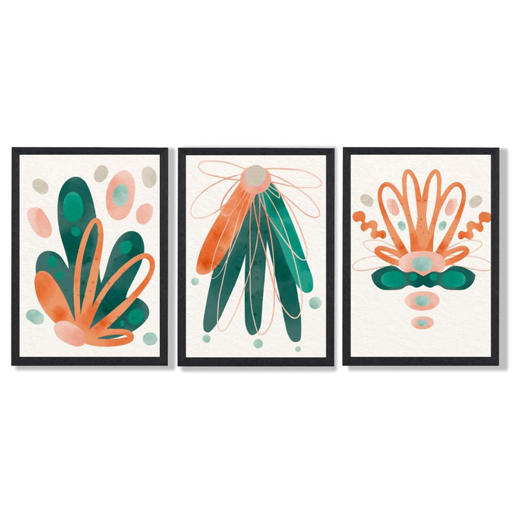Abstrakt grønt og oransje blomstermønster, 3 innrammede kunsttrykk