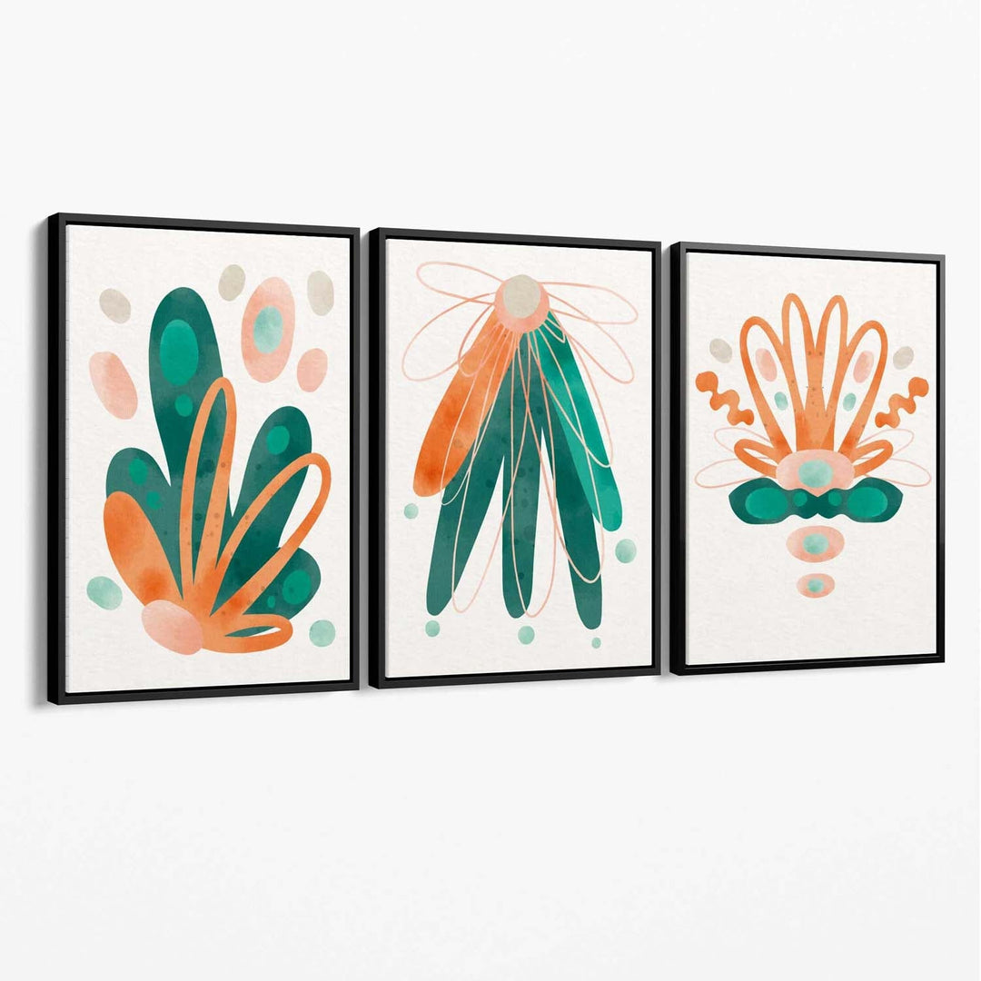 Sett med 3 abstrakte grønne og oransje blomstermotiver på lerret