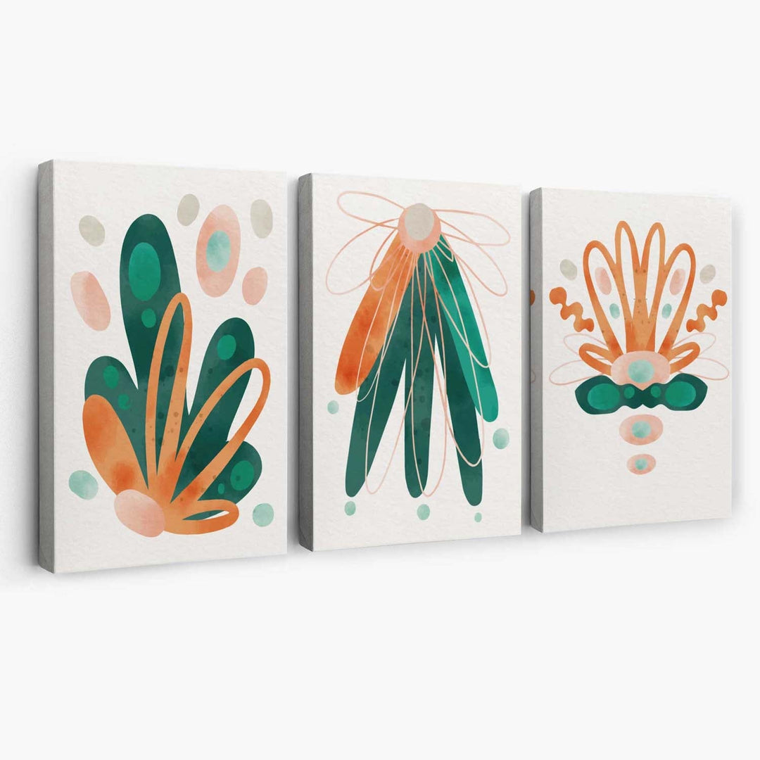 Sett med 3 abstrakte grønne og oransje blomstermotiver på lerret