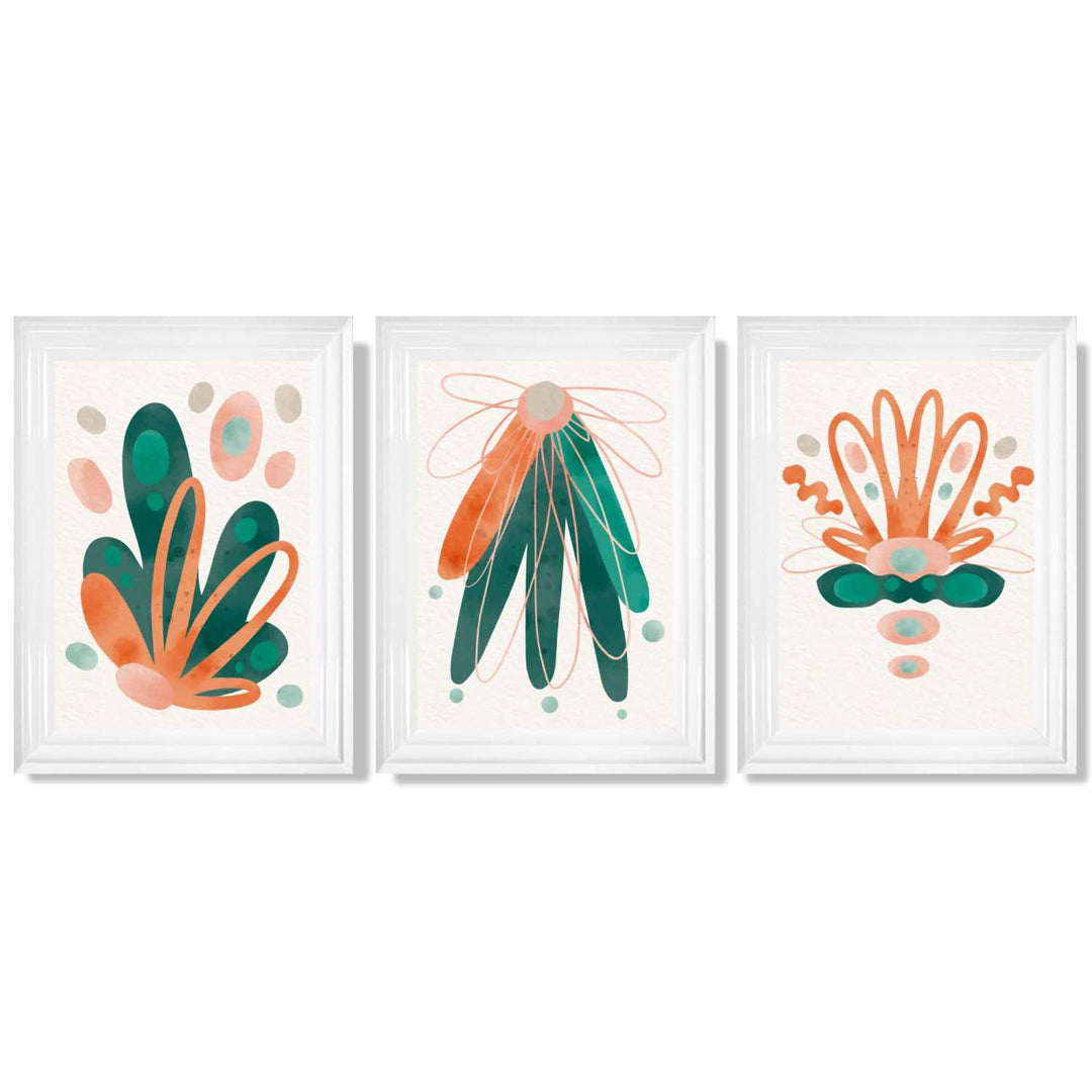 Abstrakt grønt og oransje blomstermønster, 3 innrammede kunsttrykk