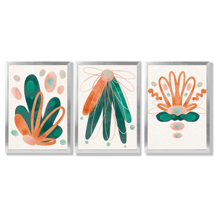 Abstrakt grønt og oransje blomstermønster, 3 innrammede kunsttrykk