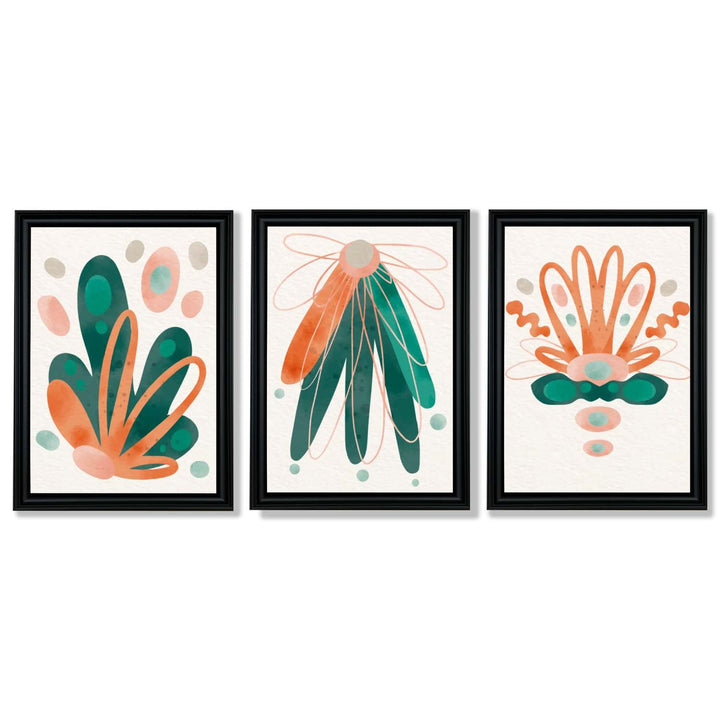 Abstrakt grønt og oransje blomstermønster, 3 innrammede kunsttrykk