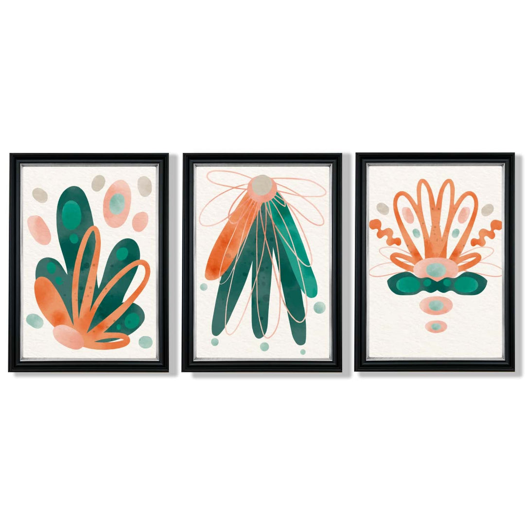 Abstrakt grønt og oransje blomstermønster, 3 innrammede kunsttrykk