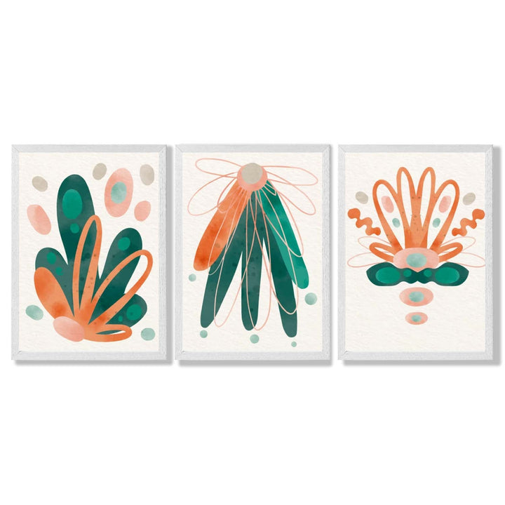 Abstrakt grønt og oransje blomstermønster, 3 innrammede kunsttrykk