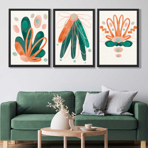 Abstrakt grønt og oransje blomstermønster, sett med 3 kunsttrykk