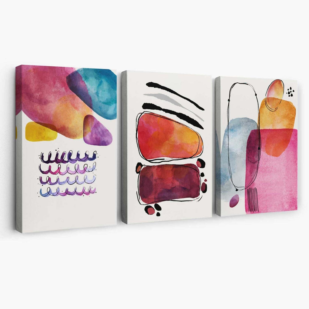 Abstrakte former, rosa og lilla, sett med 3 lerretsbilder