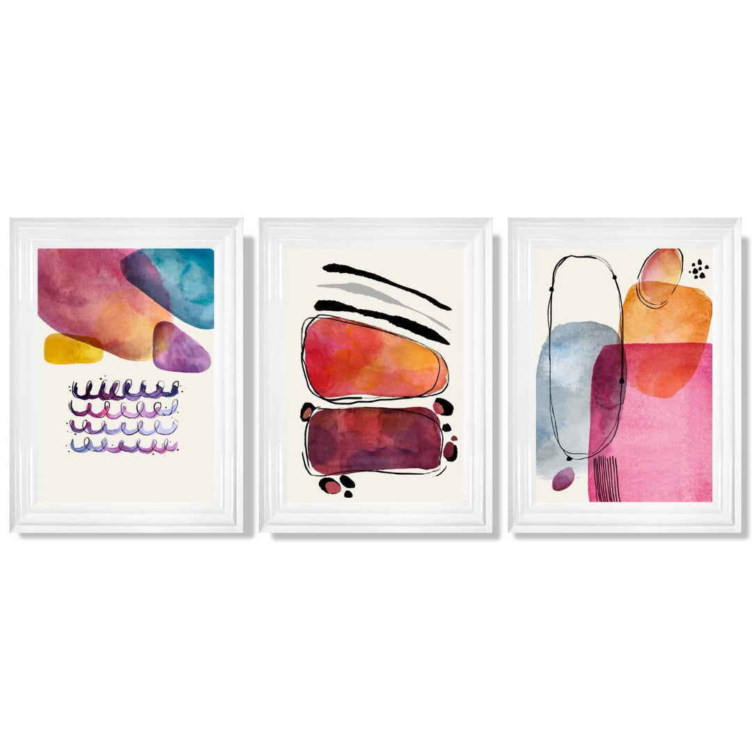 Abstrakte former, rosa og lilla, sett med 3 innrammede kunsttrykk