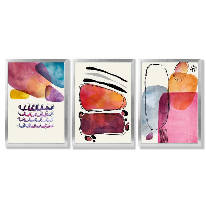 Abstrakte former, rosa og lilla, sett med 3 innrammede kunsttrykk