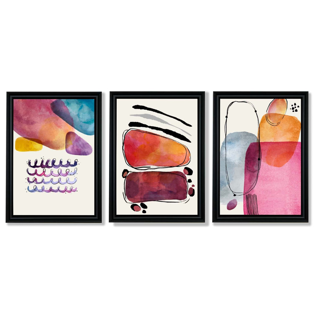 Abstrakte former, rosa og lilla, sett med 3 innrammede kunsttrykk