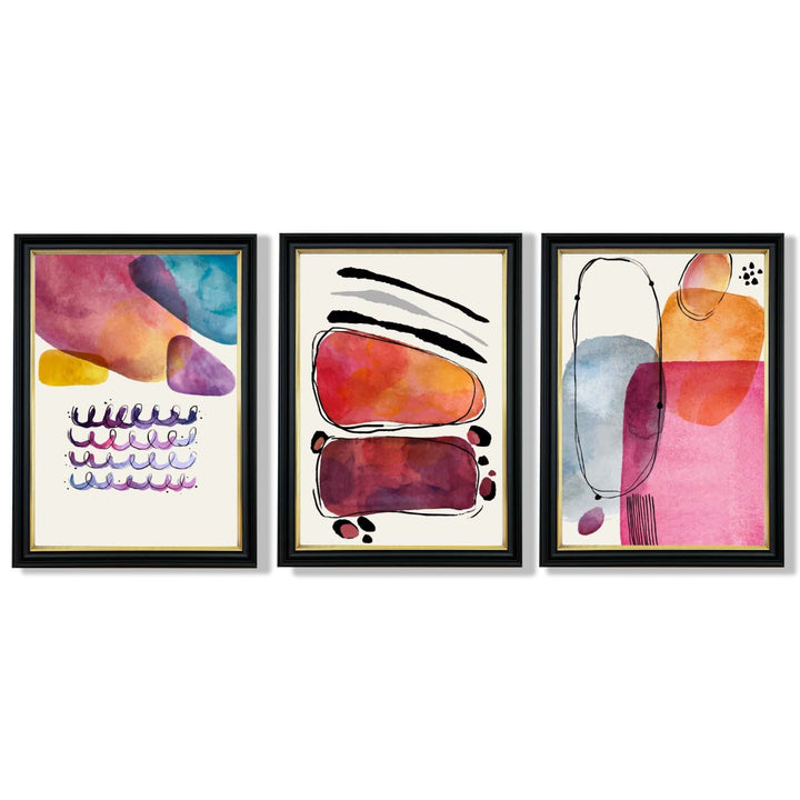 Abstrakte former, rosa og lilla, sett med 3 innrammede kunsttrykk