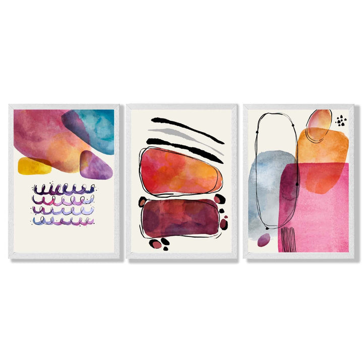 Abstrakte former, rosa og lilla, sett med 3 innrammede kunsttrykk