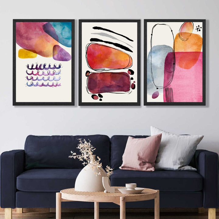 Abstrakte former, rosa og lilla, sett med 3 kunsttrykk