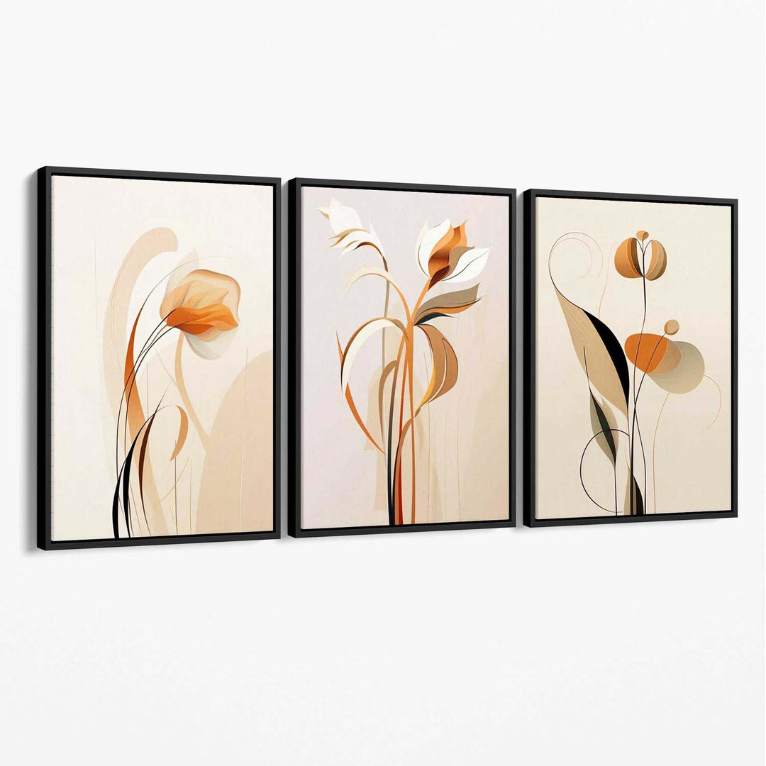Art Deco-lerretstrykk, beige-oransje med blomstermønster, sett med 3