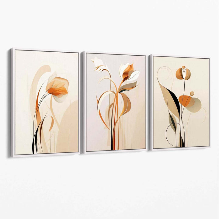 Art Deco-lerretstrykk, beige-oransje med blomstermønster, sett med 3