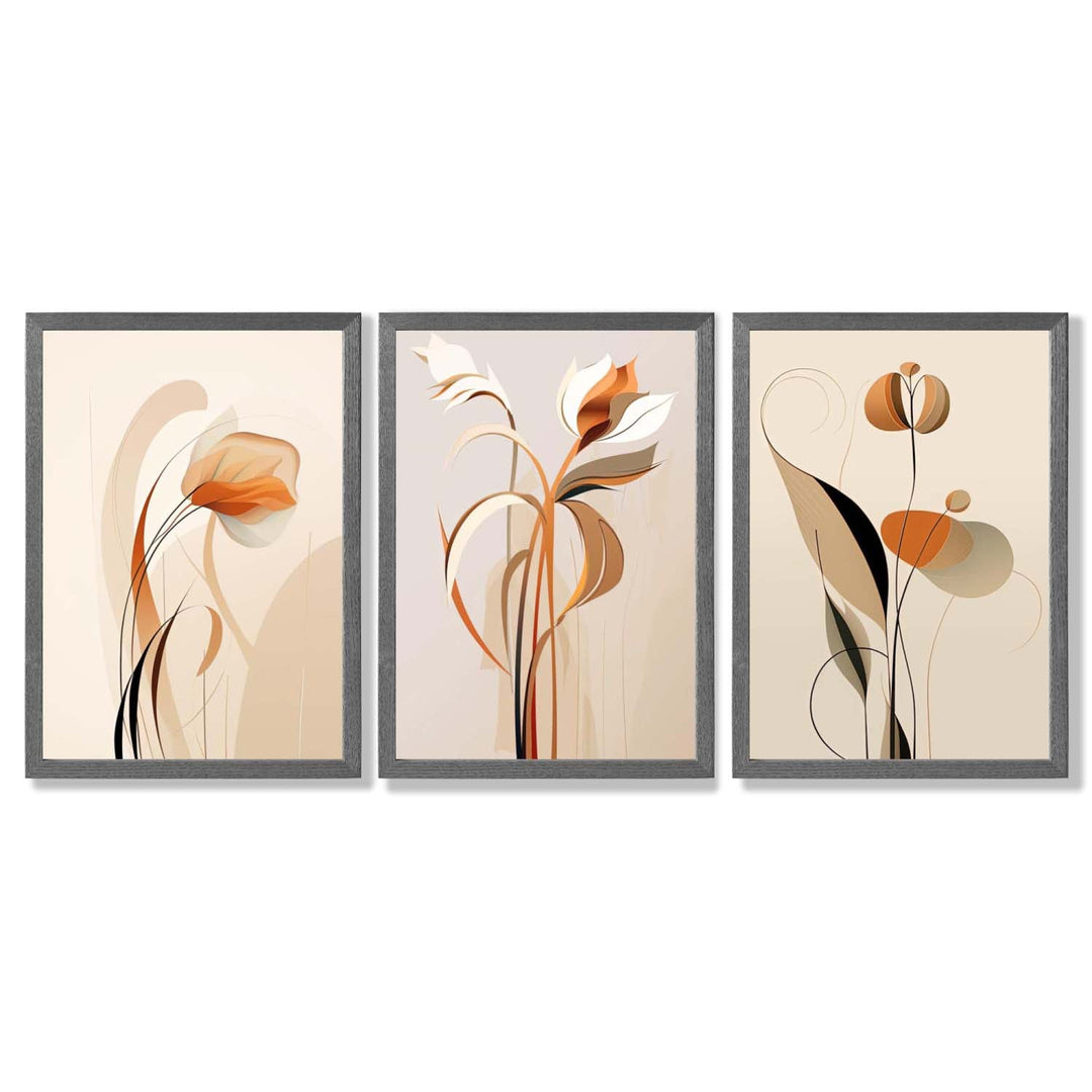 Art Deco-kunsttrykk, beige-oransje med blomstermønster, 3-delt innrammet kunsttrykksett