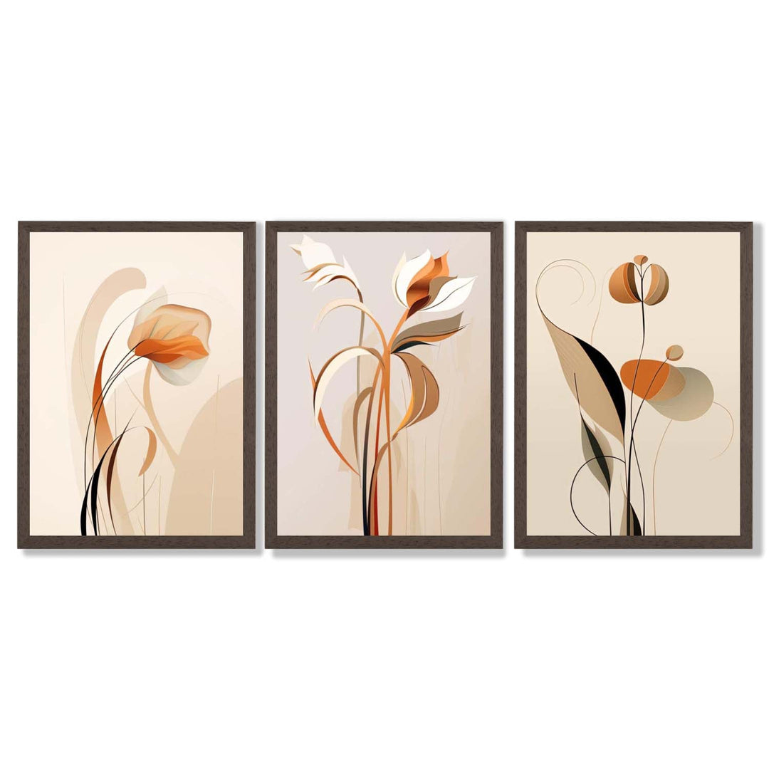 Art Deco-kunsttrykk, beige-oransje med blomstermønster, 3-delt innrammet kunsttrykksett