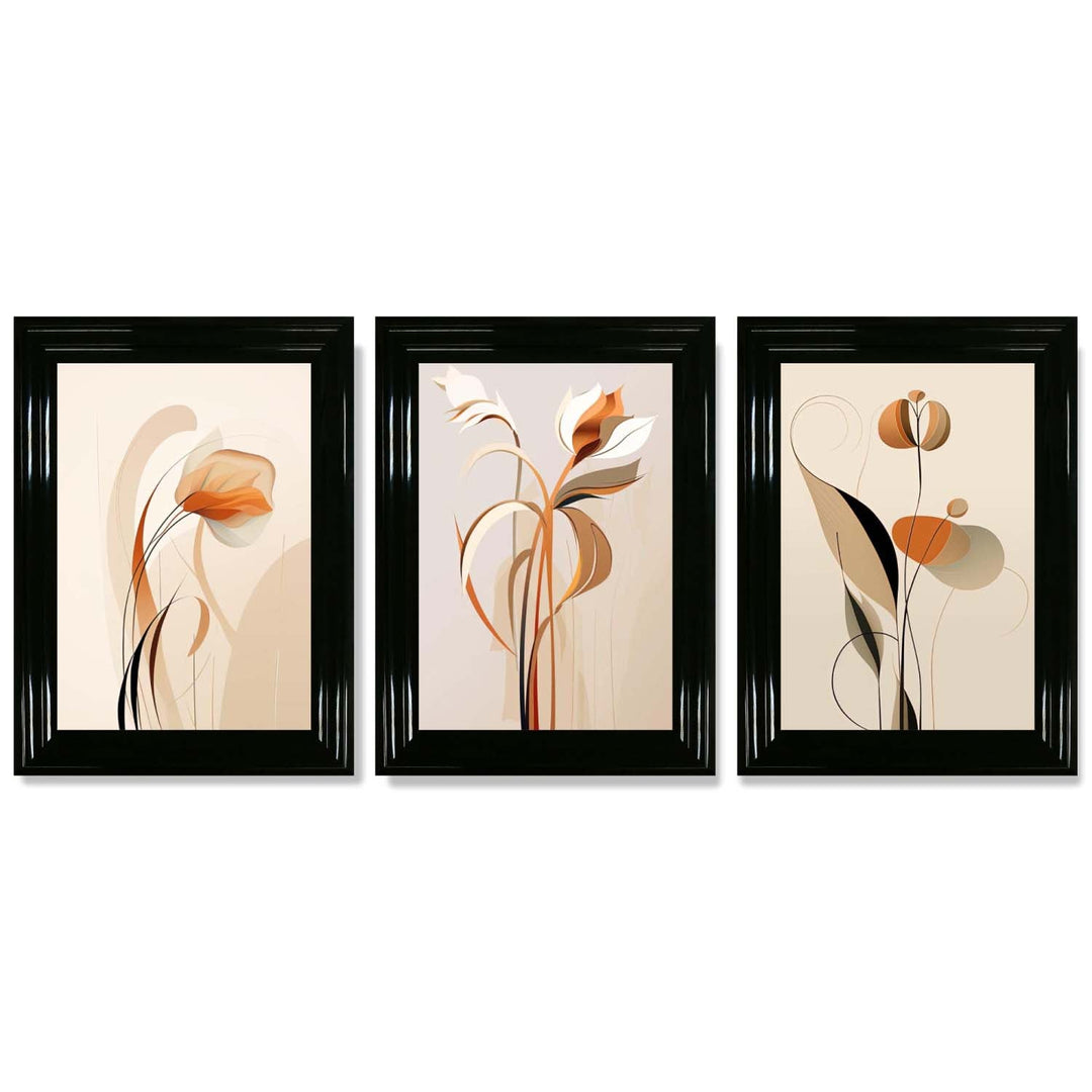 Art Deco-kunsttrykk, beige-oransje med blomstermønster, 3-delt innrammet kunsttrykksett