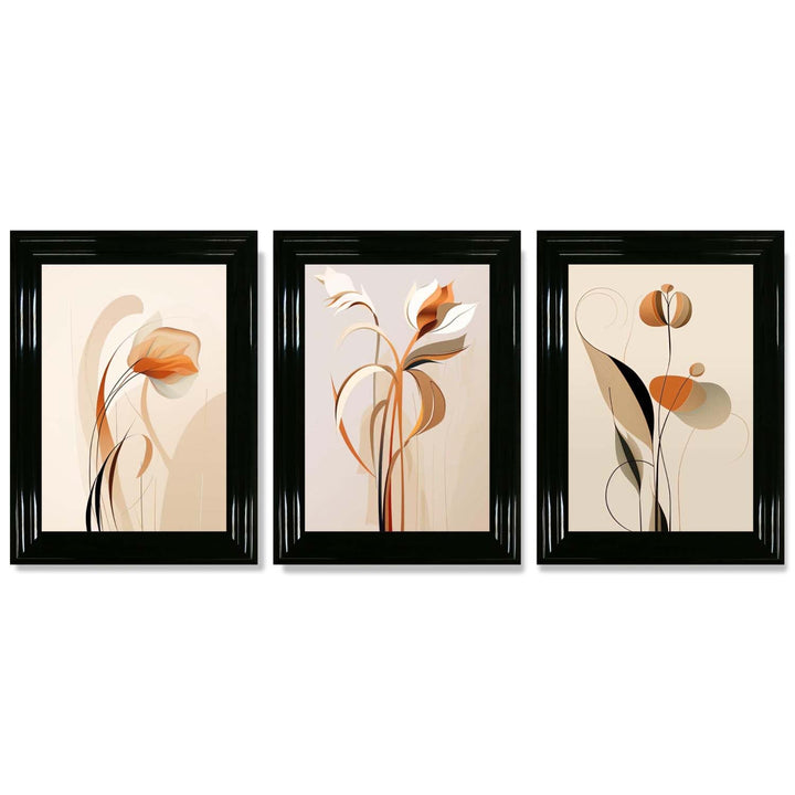 Art Deco-kunsttrykk, beige-oransje med blomstermønster, 3-delt innrammet kunsttrykksett