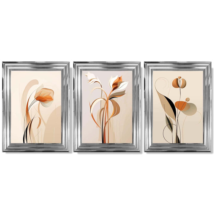 Art Deco-kunsttrykk, beige-oransje med blomstermønster, 3-delt innrammet kunsttrykksett
