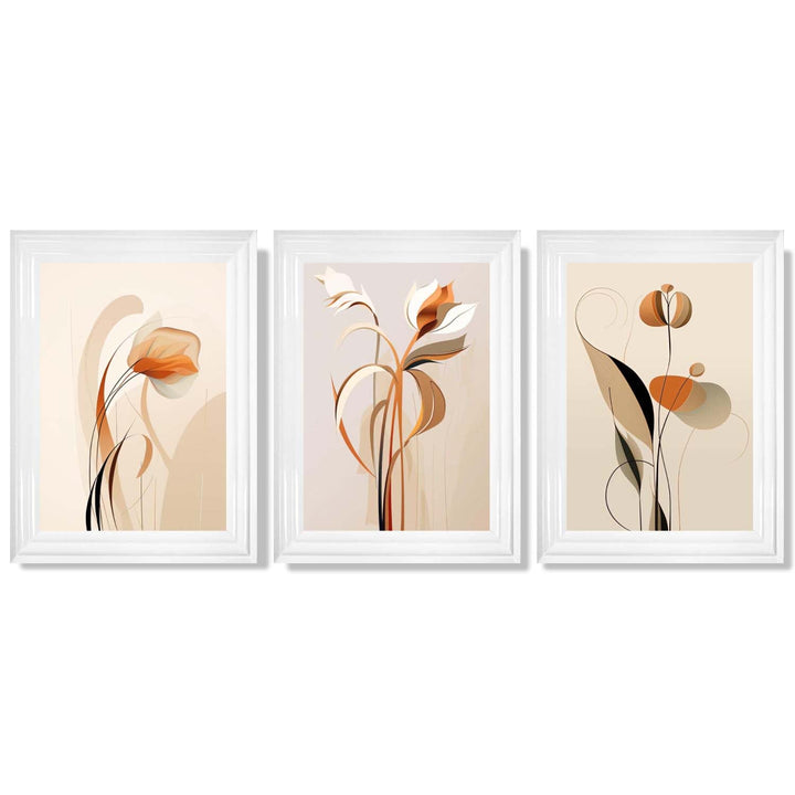 Art Deco-kunsttrykk, beige-oransje med blomstermønster, 3-delt innrammet kunsttrykksett