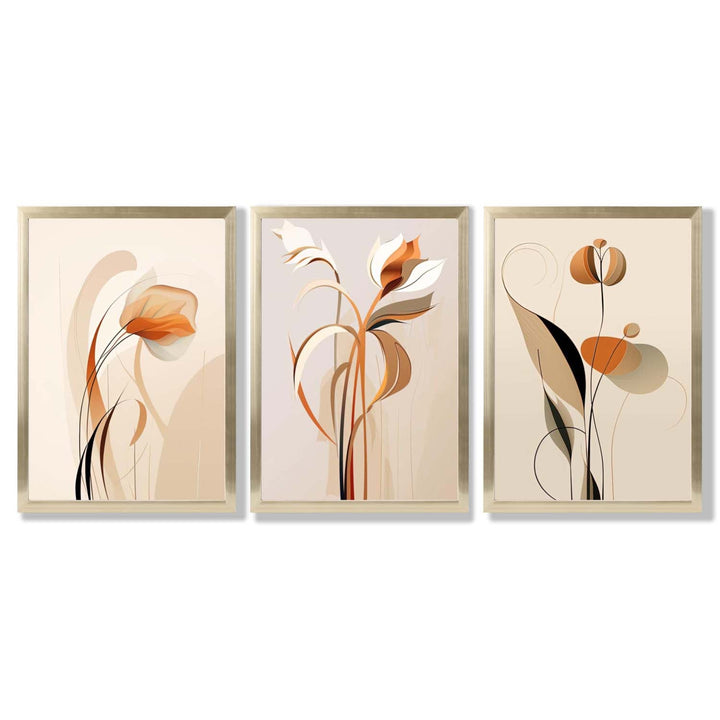 Art Deco-kunsttrykk, beige-oransje med blomstermønster, 3-delt innrammet kunsttrykksett