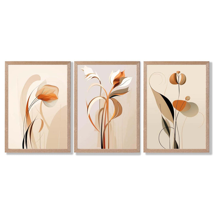 Art Deco-kunsttrykk, beige-oransje med blomstermønster, 3-delt innrammet kunsttrykksett
