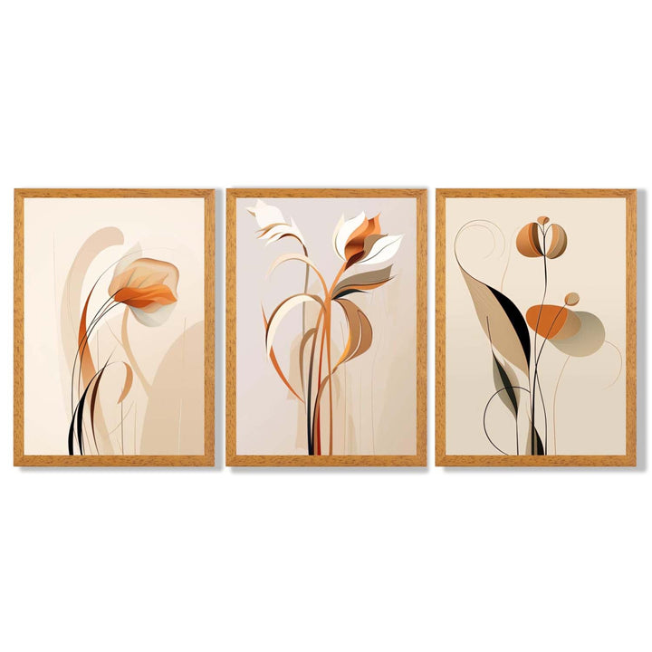 Art Deco-kunsttrykk, beige-oransje med blomstermønster, 3-delt innrammet kunsttrykksett
