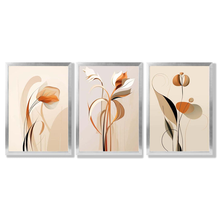 Art Deco-kunsttrykk, beige-oransje med blomstermønster, 3-delt innrammet kunsttrykksett