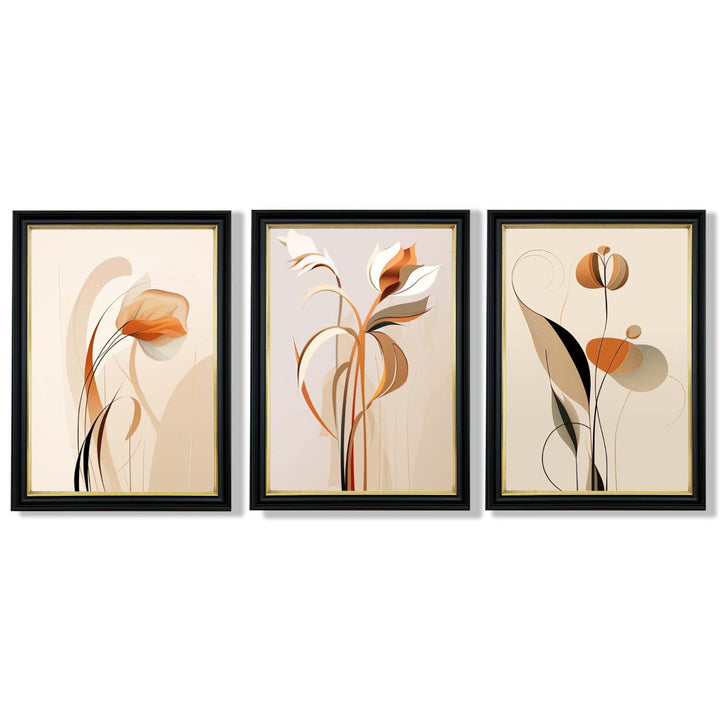 Art Deco-kunsttrykk, beige-oransje med blomstermønster, 3-delt innrammet kunsttrykksett