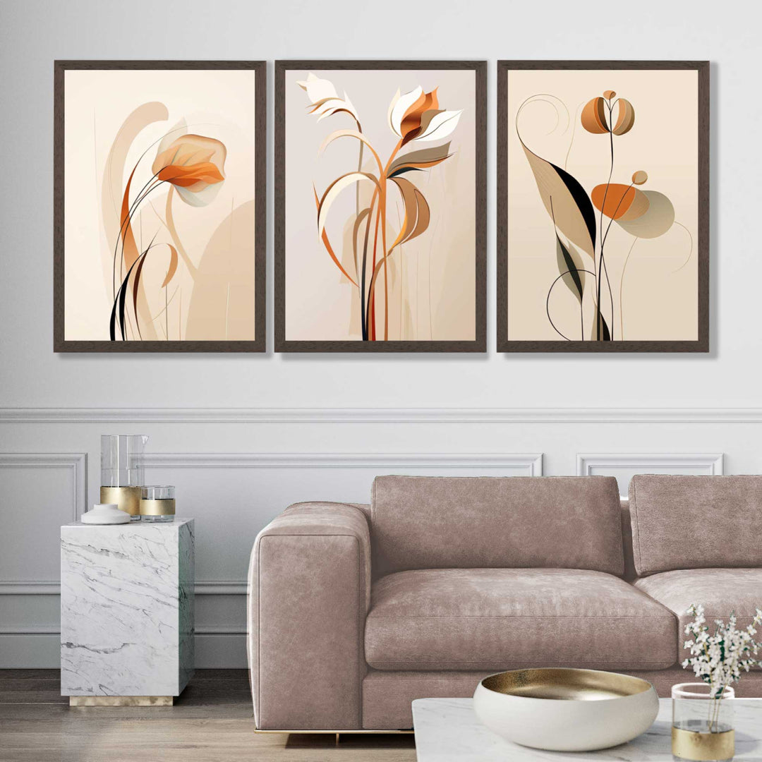 Art Deco-kunsttrykk, beige-oransje med blomstermønster, sett med 3