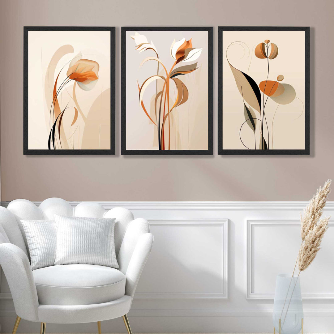 Art Deco-kunsttrykk, beige-oransje med blomstermønster, sett med 3