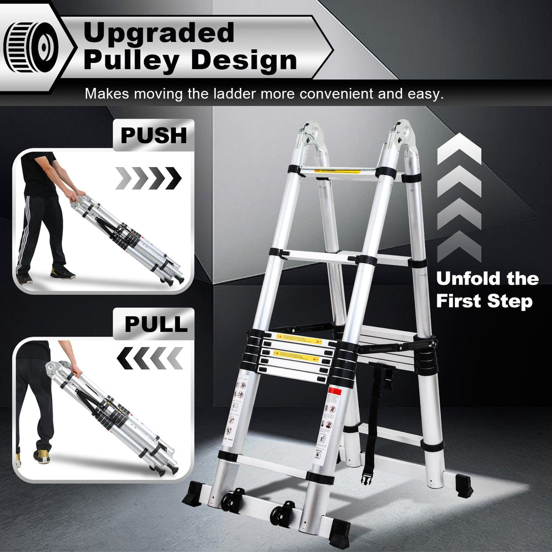5M Aluminium Teleskopstiger Foldestiger med Hjul og Triangel Stabiliserer | Skanto