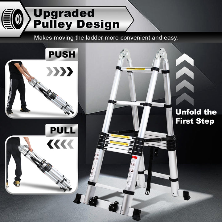 5M Aluminium Teleskopstiger Foldestiger med Hjul og Triangel Stabiliserer | Skanto