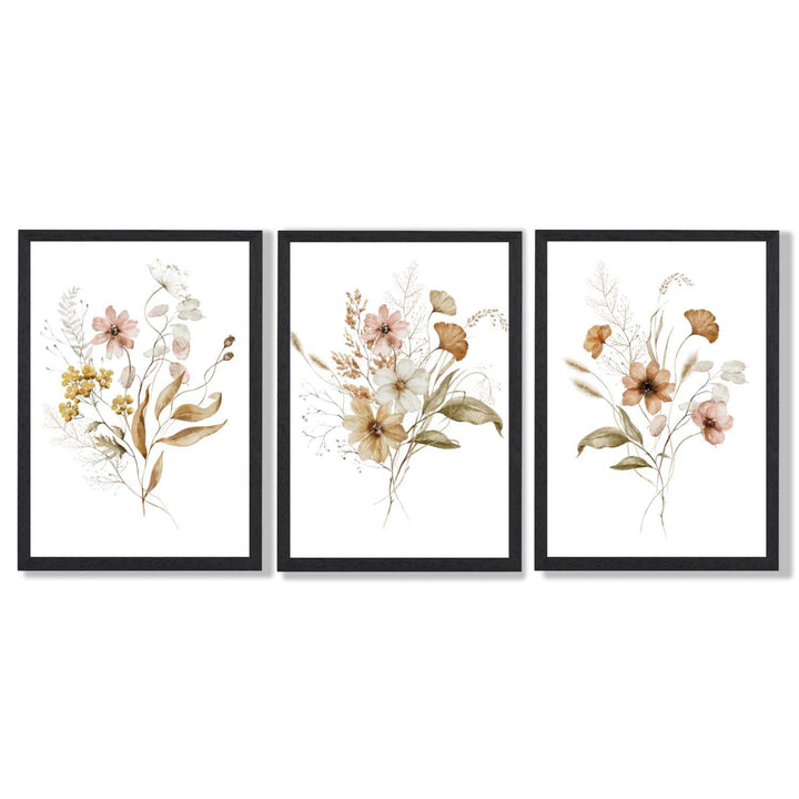 Høstlige villblomsterbuketter – 3 innrammede kunsttrykk