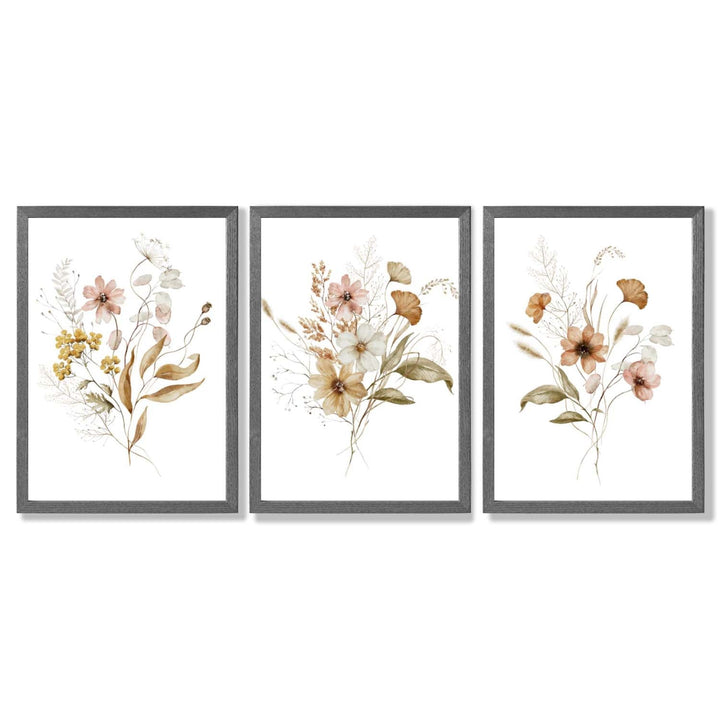 Høstlige villblomsterbuketter – 3 innrammede kunsttrykk
