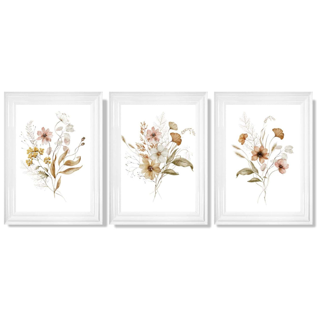 Høstlige villblomsterbuketter – 3 innrammede kunsttrykk