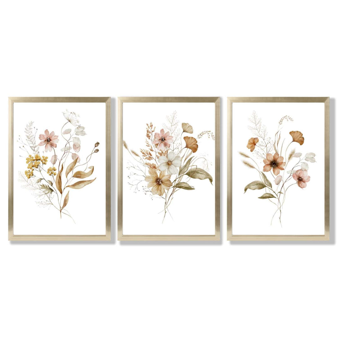 Høstlige villblomsterbuketter – 3 innrammede kunsttrykk