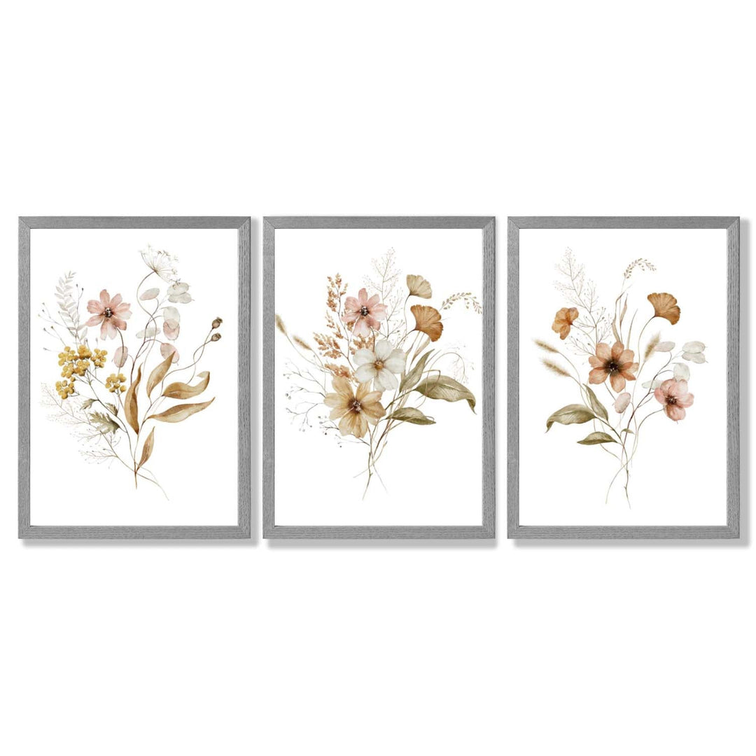 Høstlige villblomsterbuketter – 3 innrammede kunsttrykk