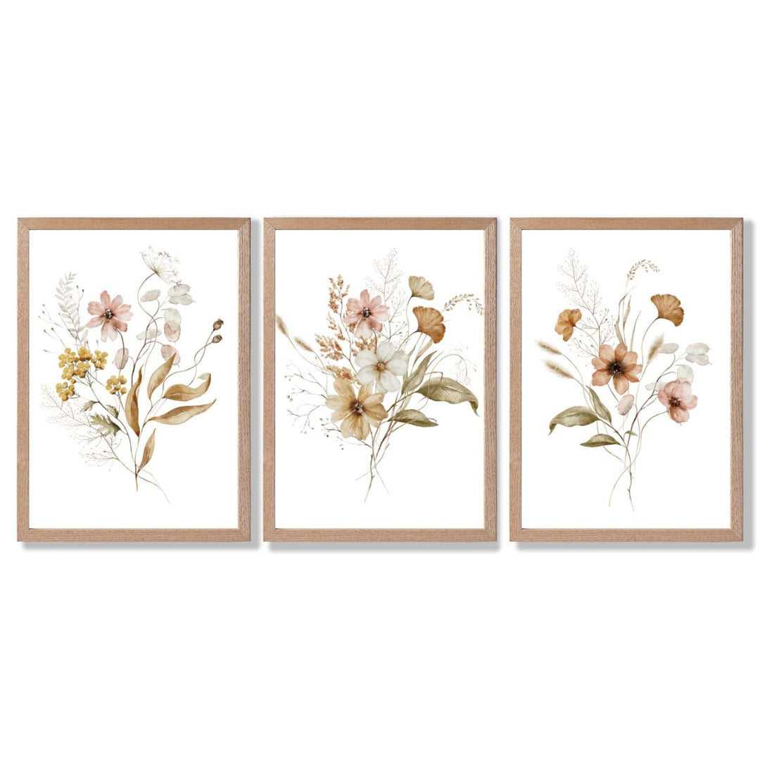 Høstlige villblomsterbuketter – 3 innrammede kunsttrykk