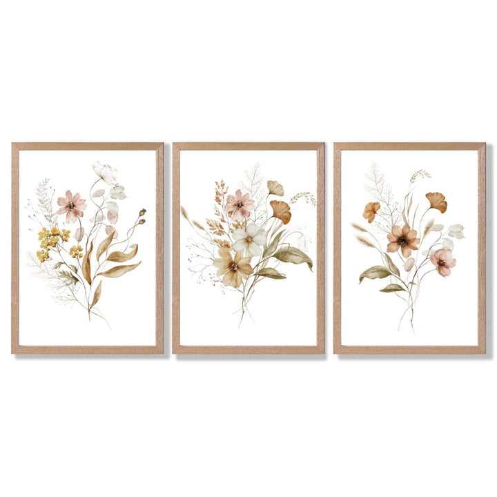Høstlige villblomsterbuketter – 3 innrammede kunsttrykk