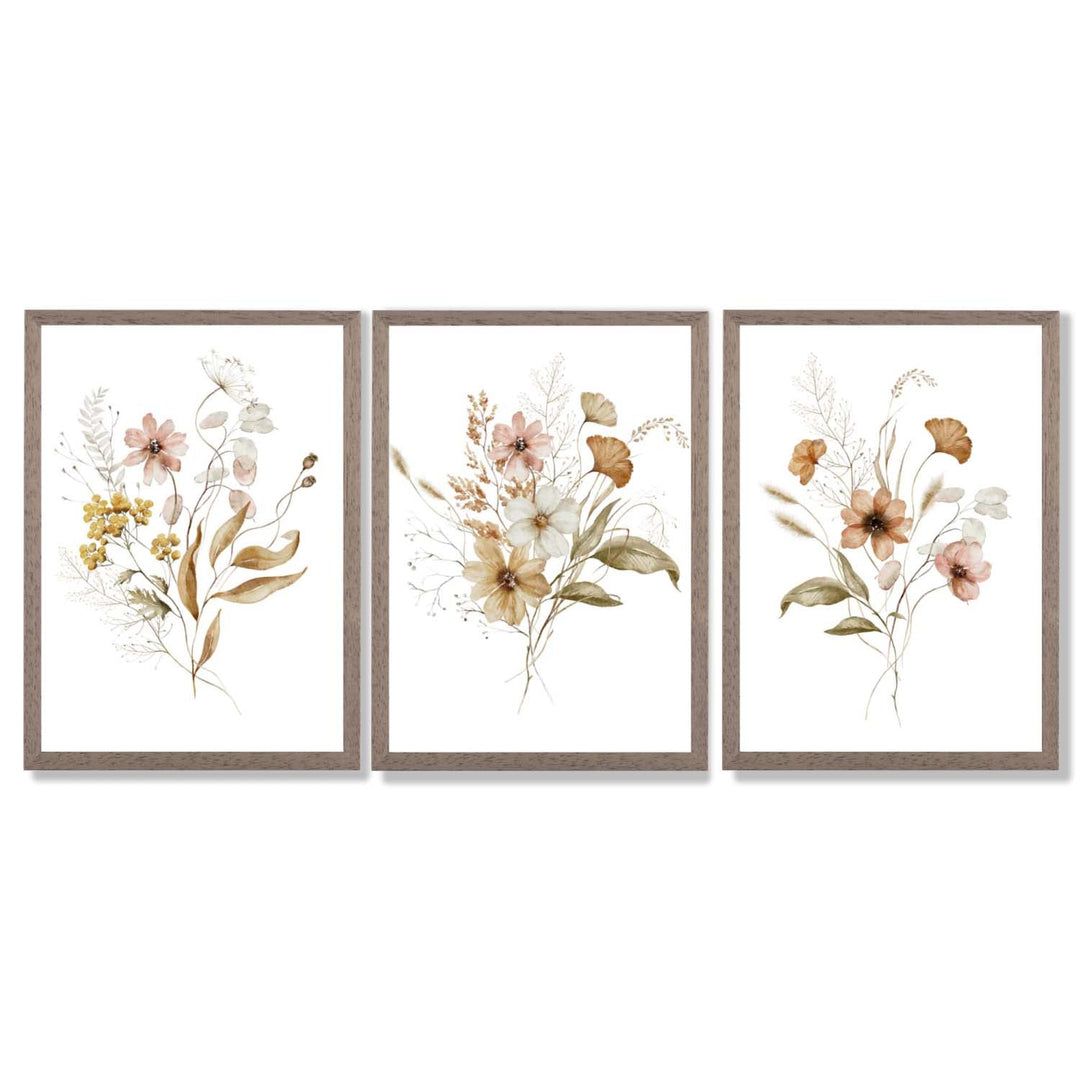 Høstlige villblomsterbuketter – 3 innrammede kunsttrykk