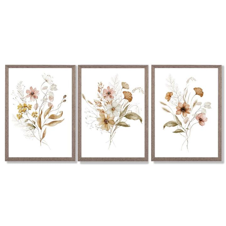 Høstlige villblomsterbuketter – 3 innrammede kunsttrykk