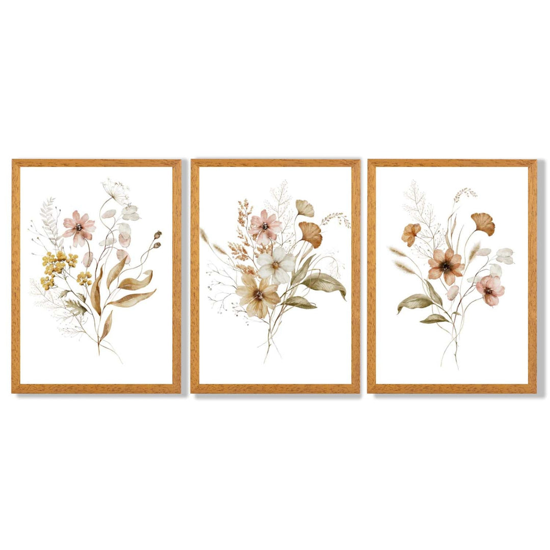 Høstlige villblomsterbuketter – 3 innrammede kunsttrykk